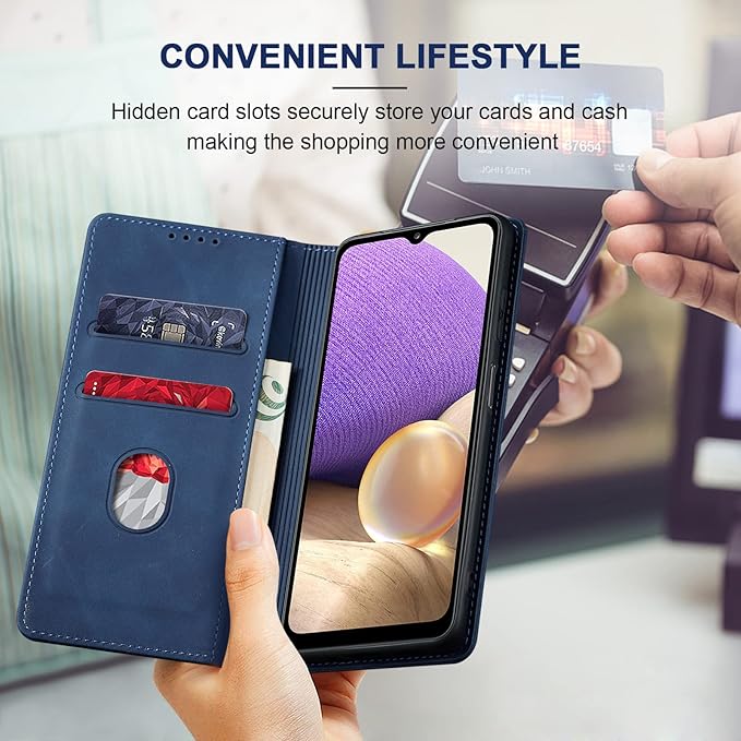 Jasonyu Flip Wallet Case for Samsung Galaxy A32 5G,Leather Magnetic Folio Cover with Card Holder,Kickstand - TPU Shockproof Durable Protective Phone Case,Blue