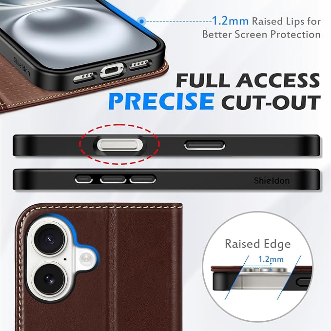 SHIELDON Case for iPhone 16 5G, Genuine Leather Foldable Wallet Magnetic Cover Kickstand RFID Blocking Credit Card Holder Shockproof Phone Case Compatible with iPhone 16 6.1" 2024 - Retro Coffee