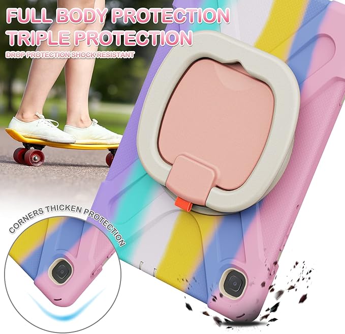 BATYUE Case for Samsung Galaxy Tab S6 Lite 10.4 Inch 2024/2022/2020 (SM-P610/P613/P615/P619/P620), Protective Case with Shoulder Strap, 360° Swivel Stand, Shockproof Drop; for Kids - Colourful Pink