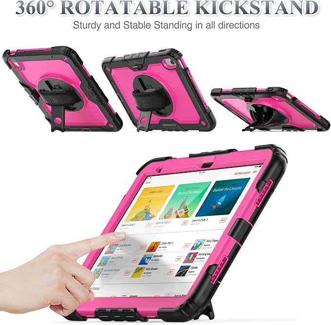 SEYMAC stock Case for iPad (A16) 11th/10th Generation 11''/10.9'' 2025/2022, Full-Body Drop Protection Case with Screen Protector &360° Rotate Hand Strap/Stand, Pink+Black