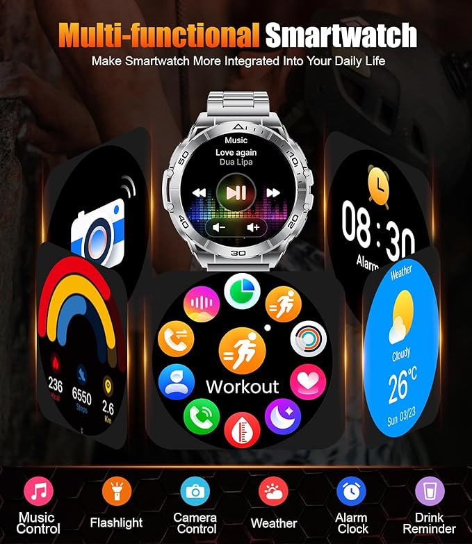 Military Smart Watch for Men,1.6" AMOLED Screen /600mAh Battery/5ATM Waterproof Smartwatches (Answer/Dial Calls) Fitness Tracker with Heart Rate/Sleep Tracking/Blood Oxygen for Android/iOS Silver