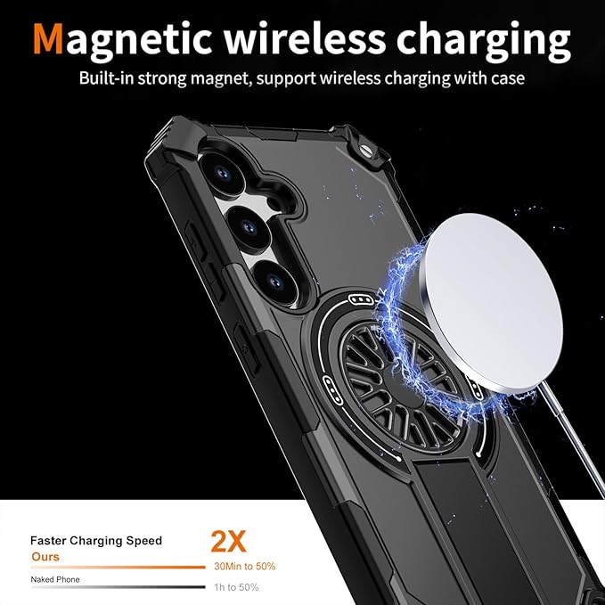 Magnetic Case for Galaxy S25/Galaxy S24, Built-in Stand [Compatible with Mag-Safe] Shockproof Protective Cover Case for Samsung Galaxy S25/Galaxy S24 Black