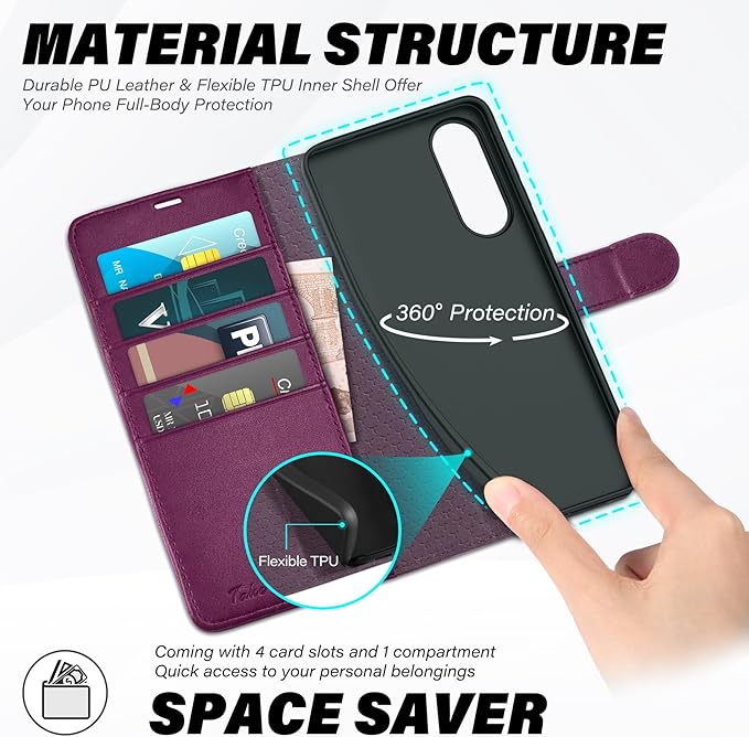 TUCCH Case Wallet for Galaxy S25 Edge, Kickstand [RFID Blocking] 4 Card Holder, Folio Magnetic PU Leather [TPU Shockproof Interior Case] Protective Cover Compatible with Galaxy S25 Edge, Plum Purple