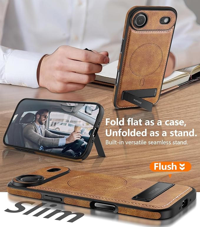 Magnetic for iPhone Air Leather Case,Built-in Invisible Stand [Compatible with Magsafe] Protective Slim Kickstand Phone Cover for iPhone Air Case, (Brown)