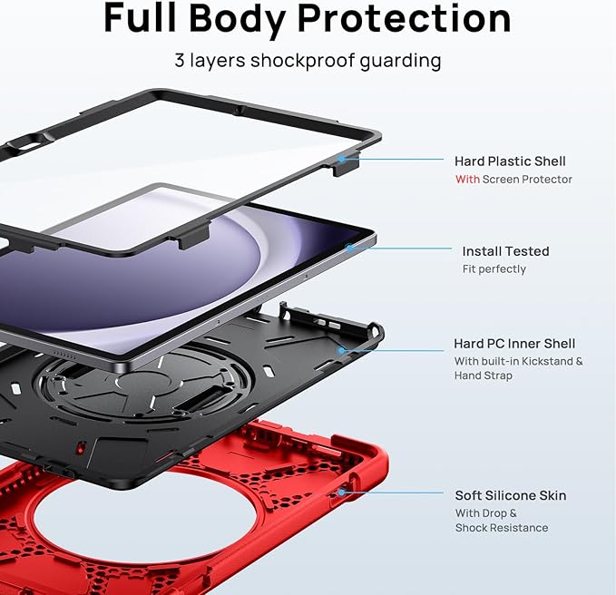 Gerutek Case for Samsung Galaxy Tab A9+/ A9 Plus Case 11" 2023, Full-Body Drop Protection Shockproof Cover with Screen Protector, 360° Rotating Stand, Hand/Shoulder Strap, Pencil Holder, Red