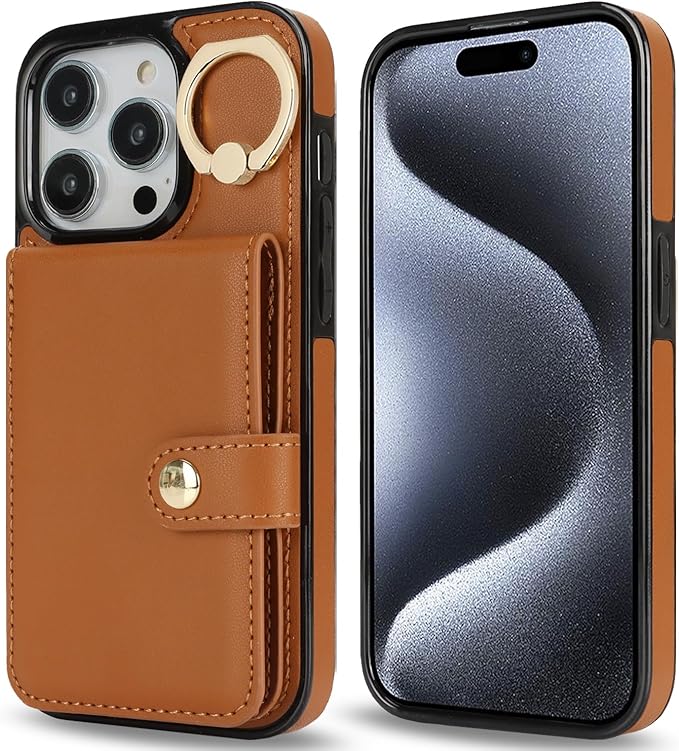Compatible iPhone 16 Pro Wallet Case with Card Holder RFID Blocking PU Leather Doubles as a Wallet Unisex Flip Shockproof Protection with Card Slots Ring Wrist Kickstand Function,Brown