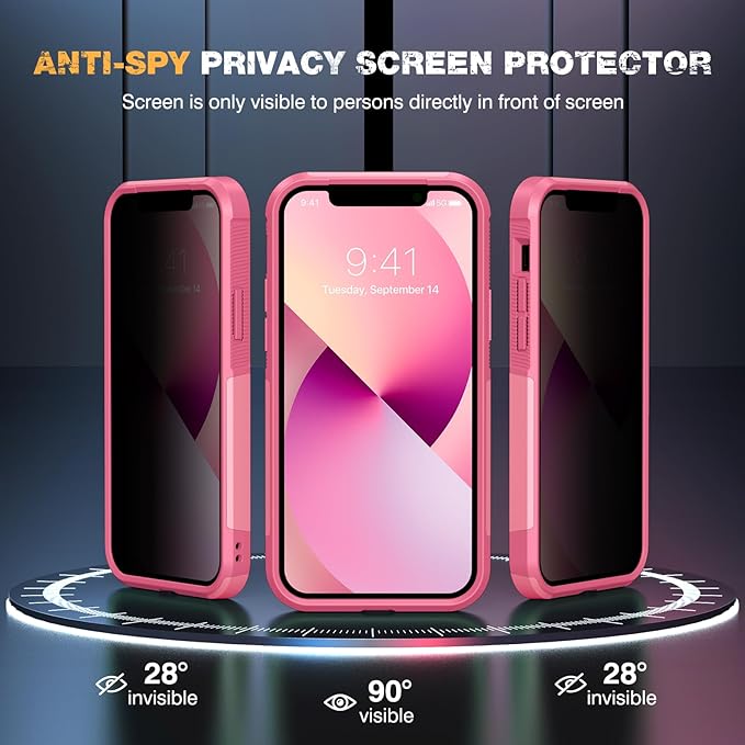 Diaclara Designed for iPhone 13 Case, [with Privacy Screen Protector] [Anti Spy] [Military Grade Drop Protection] Heavy Duty Full-Body Shockproof Phone Case, Pink
