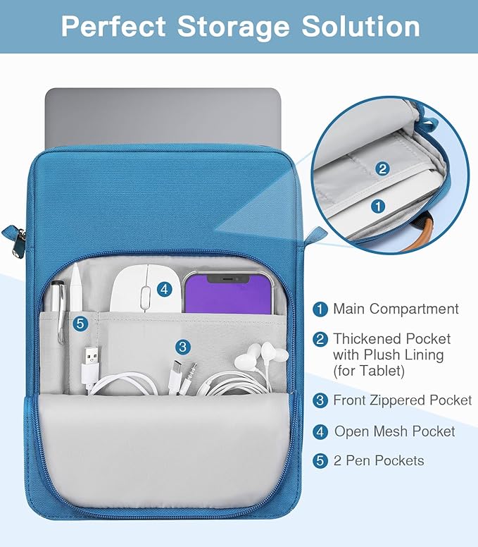 MoKo 13.3-14 Inch Laptop Sleeve Bag Fits MacBook Pro M3/M2 14" 2023, MacBook Pro 13" M2, New MacBook Air 13.6" M3/M2 2024/2022,Tab S8 Ultra 14.6",Handle Carrying Case with Shoulder Strap, Peacock Blue