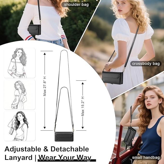 DJBull for Samsung Galaxy S25 Wallet Case with Card Holder, Shoulder and Wristlet Straps, Soft PU Leather, Magnetic Snap, Flip Phone Case for Women Men for Samsung S25 Black