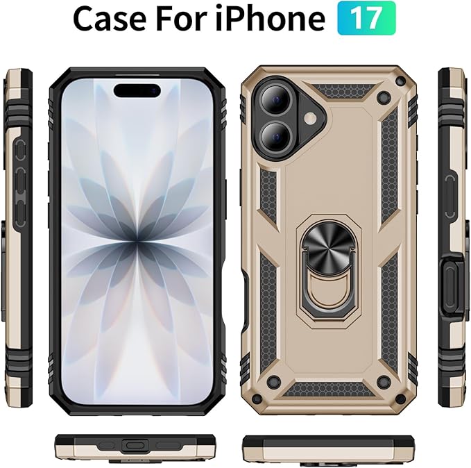 ADDIT Compatible with iPhone 17 Case with Tempered Glass Screen Protector, Adjustable Kickstand Ring, Military-Grade Heavy Duty Protection, Shockproof, Anti-Fingerprint,Gold
