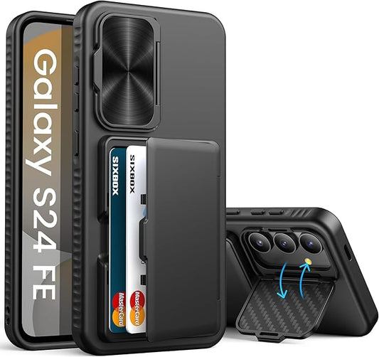 for Samsung Galaxy S24 Fe Case with Card Holder, Built-in & Kickstand & Camera Cover, Full Body Protective Rugged Multifunctional Wallet Stand Phone Cover Case for S24 Fe 6.7" 2024, Black