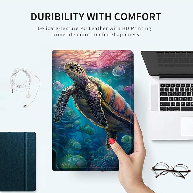 Case for 13 Inch Microsoft Surface Pro 8 (2021 Release) PU Leather Slim Lightweight Multiple Angles Stand Smart Cover with Auto Wake/Sleep for 2021 Surface pro 8 13 Inch, Turtle Sea