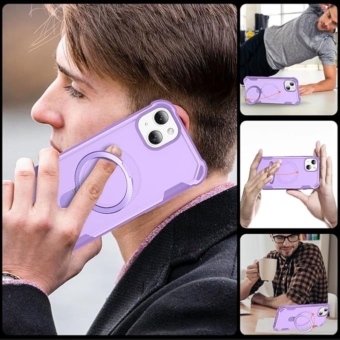Designed for iPhone 15 Case with Magnetic Stand [Military Drop Protection][Compatible with Magnet] Shockproof 15 Phone Case with Ring Holder, Purple