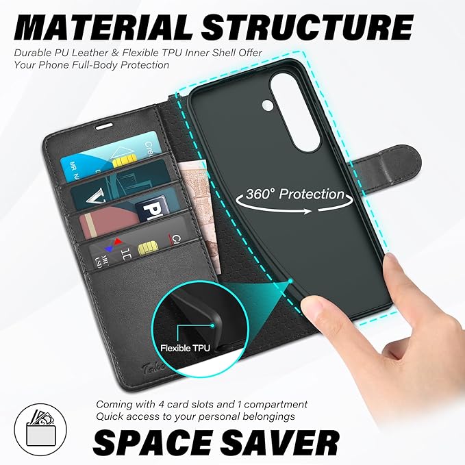 TUCCH Wallet Case for Galaxy S25 Plus with [Wrist Strap] TPU Shockproof Interior Case [RFID Blocking] Stand Card Slot, Magnetic PU Leather Cover Compatible with Galaxy S25 Plus, Black with Wristlet