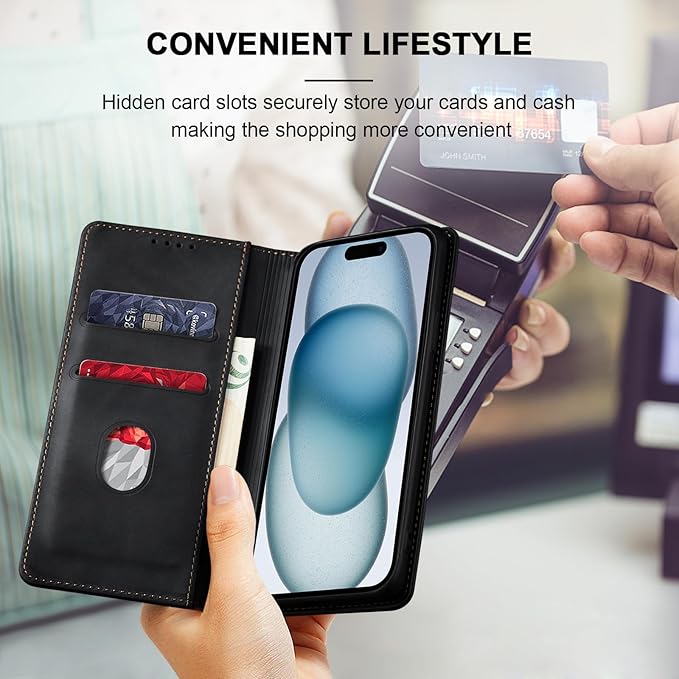 Jasonyu Flip Wallet Case for iPhone 15,Leather Magnetic Folio Cover with Card Holder,Kickstand - TPU Shockproof Durable Protective Phone Case,Black