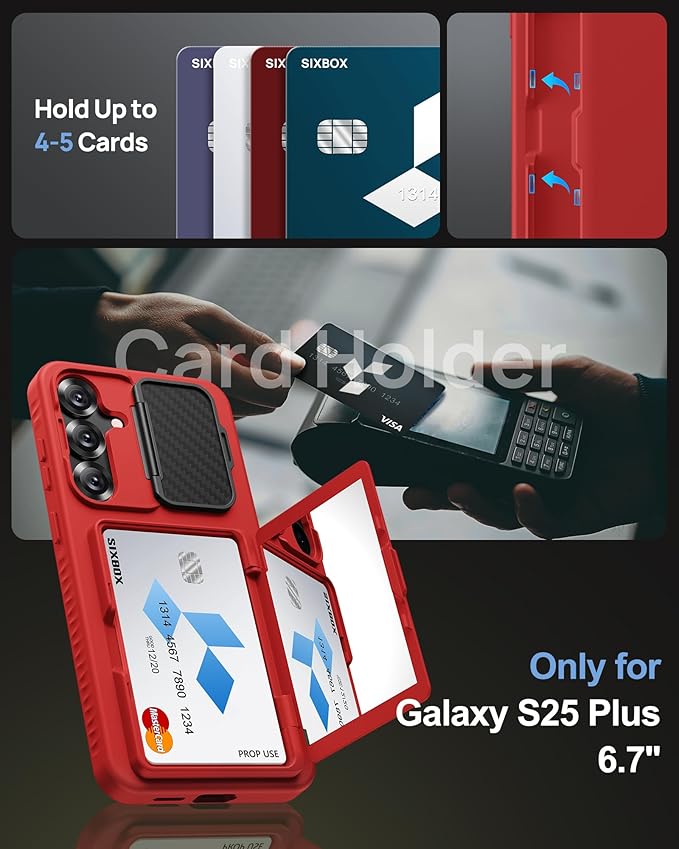 for Samsung Galaxy S25+ Plus Case Wallet with Stand, Built-in Card Holder & Camera Cover, Military Grade Drop Protection Shockproof Rugged Protective Wallet Phone Case for S25+ Plus 2025, Red