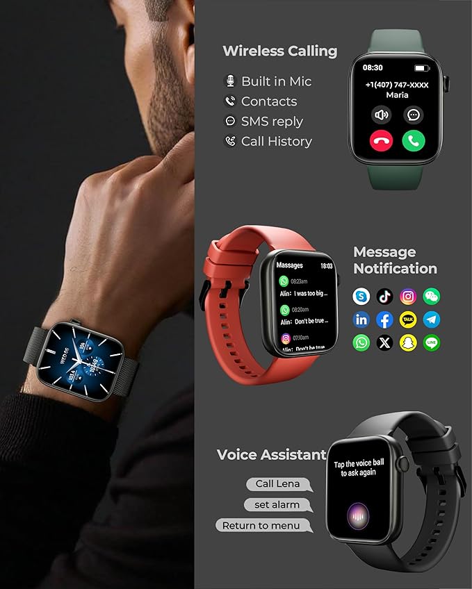 Smart Watch for Men/Women, 1.85" AMOLED Touchscreen, Make/Answer Calls, Fitness Tracker with Heart Rate, Blood Oxygen, Sport Modes, Waterproof Watches Compatible with Android & iPhone(4 Watch Bands)