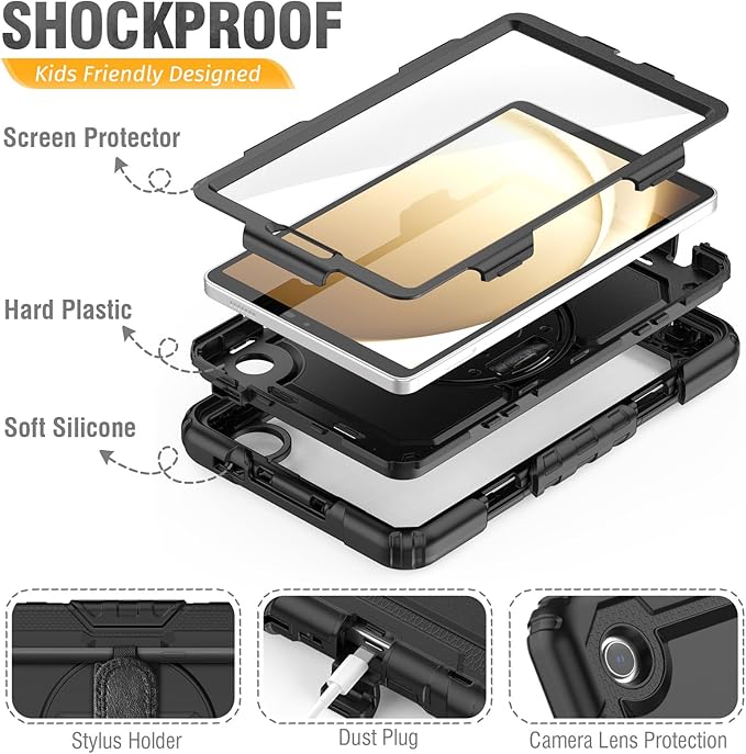 HXCASEAC Case for Samsung Galaxy Tab A9 8.7 Inch, Protective with Screen Protector/Hand Strap/Pen Holder, Sturdy Shockproof for Samsung A9 Tablet Case SM-X110 SM-X115 SM-X117 - Black