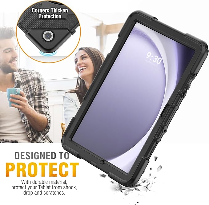 HXCASEAC Case for Samsung Galaxy Tab A9 Plus/A9+ 11 Inch with Screen Protector/Adjustable Hand Strap/Pen Holder, 3-Layer Drop Proof SM-X210/X216/X218- Black