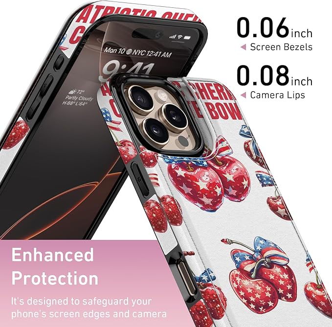 FUNMIKO for iPhone 16 Pro Wallet Case with Card Holder, RFID-Blocking, Military-Grade Protection & UV-Printed Artwork, Magnetic Closure with Leather Kickstand - Cherries with Bow