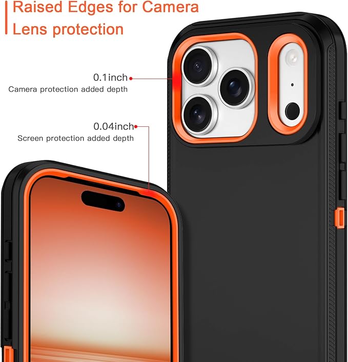 for iPhone 17 Pro Case Shockproof Dust/Drop Proof 3-Layer Full Body Protection [Without Screen Protector] Rugged Heavy Duty Cover Case for Apple iPhone 17 Pro 6.3" 2025,Black/Orange