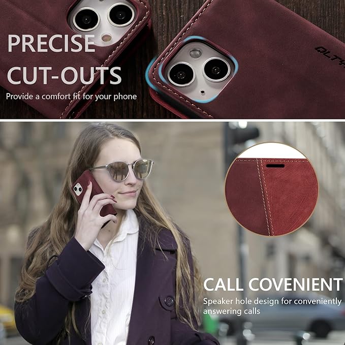 QLTYPRI Case for iPhone 14, Vintage PU Leather Wallet Case Card Slot Kickstand Magnetic Closure Shockproof Flip Folio Book Case Cover for iPhone 14(6.1 inch) - Retro Wine Red