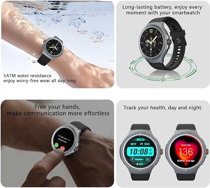 Military Smart Watch with Heart Rate Monitor/Compass/Flashlight/GPS, 1.43" Smartwatch with 170+ Sport Modes,5ATM Waterproof Fitness Watch for Men & Women, Compatible iOS Android (Black)