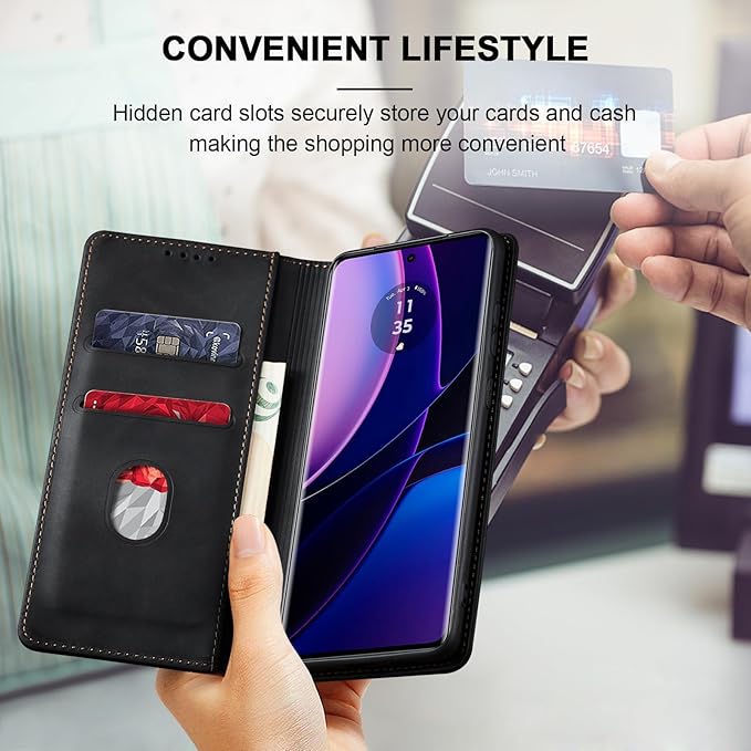 Jasonyu Flip Wallet Case for Motorola Edge (2023),Leather Magnetic Folio Cover with Card Holder,Kickstand - TPU Shockproof Durable Protective Phone Case,Black