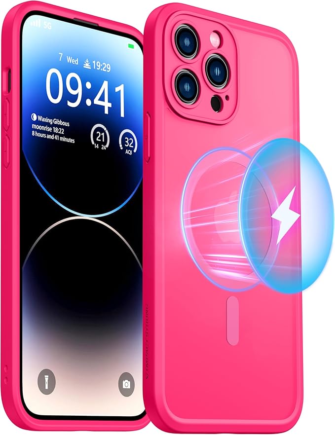 ImpactStrong Magnetic Guard Designed for iPhone 14 Pro Case [Camera Protection] [Military Grade Drop Tested] [Compatible with MagSafe] Slim Translucent Matte Phone Case (6.1") - Hot Pink