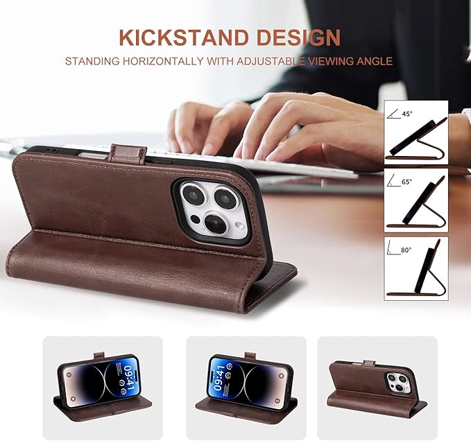 Case for iPhone 16 Pro Max 5G 2024-Genuine Leather Folio Wallet Magnetic Kickstand RFID Blocking Card Slots Shock-Absorbent Phone Cover Compatible with iPhone 16 Pro Max 6.9" (Darkbrown)