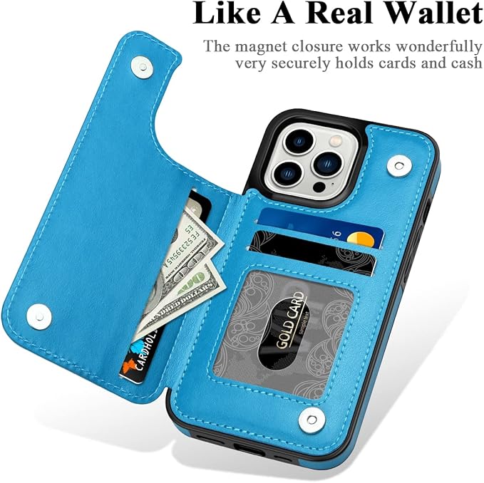 MMHUO for iPhone 14 Pro Case with Card Holder,Flower Magnetic Buttons Protective Wallet Case for Women for iPhone 14 Pro,Blue