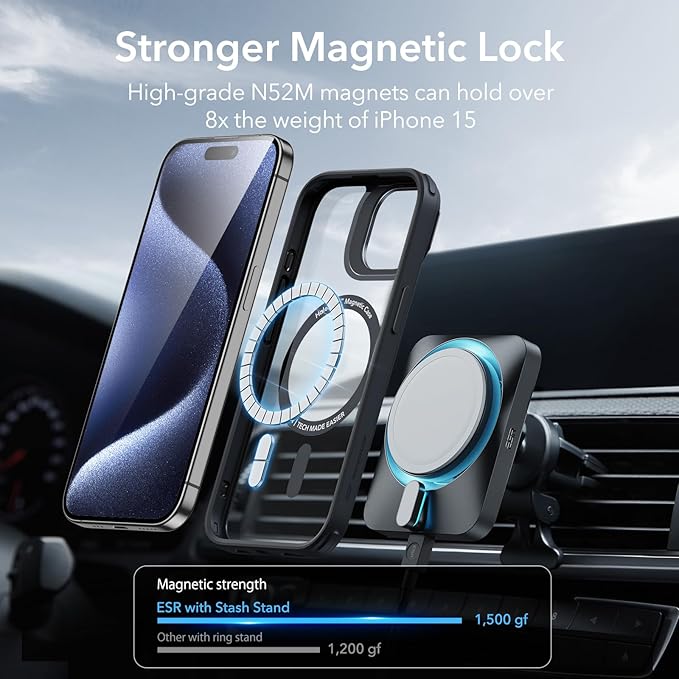 ESR for iPhone 15 Pro Max Case, Compatible with MagSafe, Military-Grade Protective Case, Built-in Stash Stand Phone Case, Scratch-Resistant Back Cover, Classic Series,Clear Black