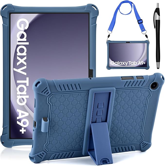 DETUOSI Compatible with Samsung Galaxy Tab A9 Plus Case 11 inch 2023, with Shoulder Strap & Stylus Pen, Soft Silicone Multi-Angle Case for Galaxy Tab A9+ Tablet SM-X210/X216/X218, Dark Blue
