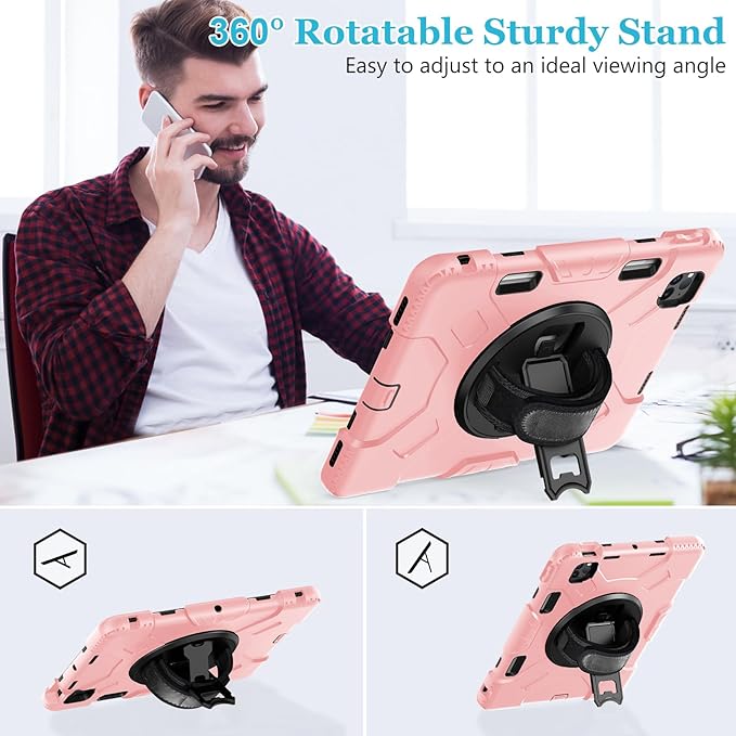 Case for iPad Pro 11 Inch 2022/2021/ 2020/2018: Silicone Cover for iPad 11 Inch 4th/ 3rd/ 2nd/ 1st/ Generation with Screen Protector- Stand- Handle- Shoulder Strap- Pencil Holder- Rose Gold