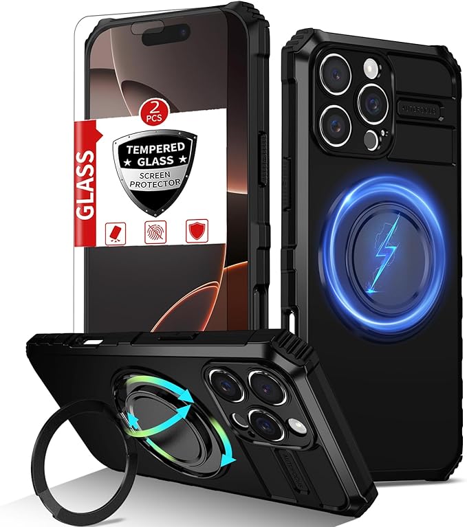 for iPhone 16 Pro Case Magnetic Compatible with Wireless Charging,16 Pro Phone Case with 2 Screen Protector,Built-in Kickstand Ring Military Grade Drop Shockproof Heavy Duty Protection Black