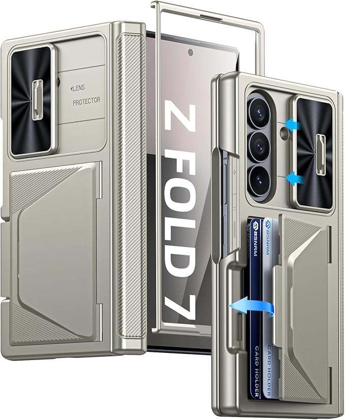 for Samsung Galaxy Z Fold 7 Case with Card Holder RFID Blocking, Built in Slide Lens Cover & Hinge Protection & Screen Protector, Shockproof Wallet Case for Z Fold 7 (Titanium Gold)
