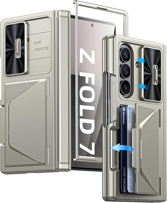 for Samsung Galaxy Z Fold 7 Case with Card Holder RFID Blocking, Built in Slide Lens Cover & Hinge Protection & Screen Protector, Shockproof Wallet Case for Z Fold 7 (Titanium Gold)