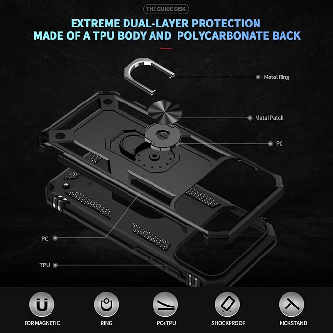 ADDIT Compatible with iPhone 17 Pro Case with Tempered Glass Screen Protector, Adjustable Kickstand Ring, Military-Grade Heavy Duty Protection, Shockproof, Anti-Fingerprint, Black