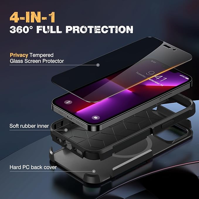Diaclara Magnetic for iPhone 13 Pro Max Case, [with Privacy Screen Protector] [Anti Spy] [Military Grade Drop Protection] Heavy Duty Full-Body Shockproof Phone Case, Black