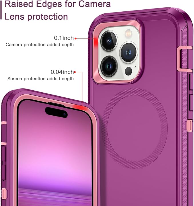 for iPhone 14 Pro Max Case [Compatible with MagSafe] Shockproof 3-Layer Full Body Protection Rugged Heavy Duty Cover Case for Apple iPhone 14 Pro Max 6.7",Purple/Pink