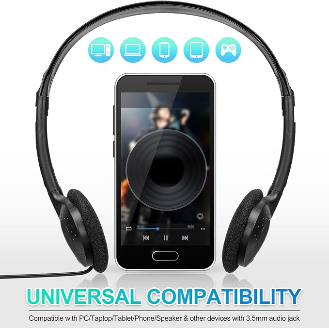 48 Pack Classroom Headphones on Ear Wired Stereo Headset with 3.5mm Jack, Over The Head Student Earphone Set for Kids Adults School Library Airplane Computer Laptop, No Microphone (Black)