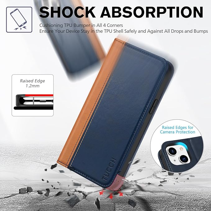 TUCCH Wallet Case for iPhone 14 6.1 5G, PU Leather Folio Case with [RFID Blocking] [3 Card Slot], Kickstand Book Design [Shockproof TPU Interior Case] Compatible with iPhone 14 6.1-inch, Brown & Blue