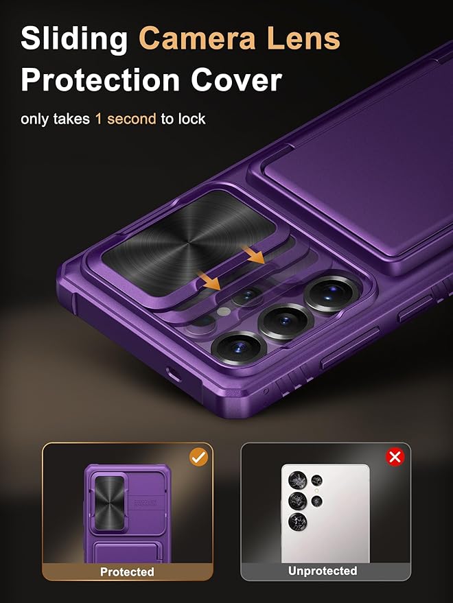 Vihibii for Samsung Galaxy S25 Ultra Case with Card Holder (4 Cards), Built-in 2X Tempered Glass Screen Protector, Slide Lens Cover, Rugged & Shockproof Wallet Case for S25 Ultra 6.9" 5G, Dark Purple
