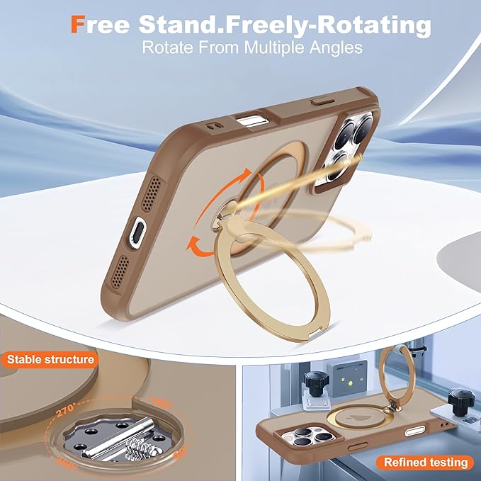 Compatible with iPhone 16 Pro Max Case with Invisible Magnetic 360°Spin Stand,Military-Grade Shockproof Protection [Compatible with Mag-safe] Non-slip Edge Translucent Case (6.9",Desert Brown)