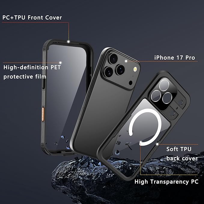 GOLDJU Magnetic for iPhone 17 Pro Case-Waterproof, Built-in Screen & Camera Protector-IP68 Underwater Full Body 16FT Military Dropproof Shockproof Case for 17 Pro 6.3''- Black