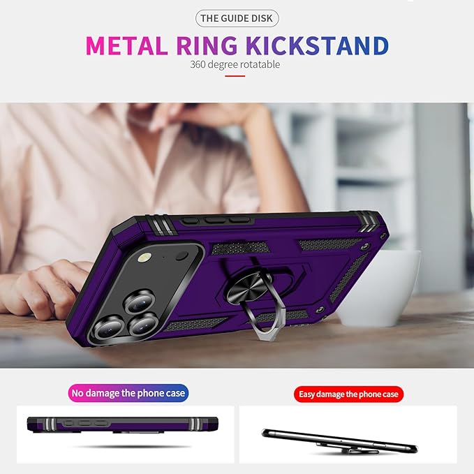 ADDIT Compatible with iPhone 17 Pro Case with Tempered Glass Screen Protector, Adjustable Kickstand Ring, Military-Grade Heavy Duty Protection, Shockproof, Anti-Fingerprint,Purple