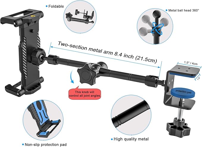 Desk Kitchen Tablet Holder [Suitable for Tabletop & Cabinet] Adjustable Metal Arm Cupboard Tablet Mount Stand for iPad Pro 12.9 Air Mini, Galaxy Tab Ultra, Switch, 6-14.6" Devices