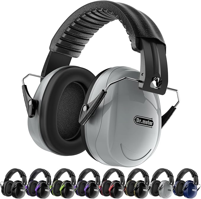 Dr.meter Hearing Protection Earmuffs, 31dB Noise Reduction Safety Ear Muffs with Adjustable Headband for Adults Kids Autism Sensory, Ear Muff for Yard Work, Mowing or Hunting -Grey