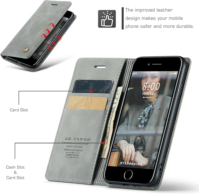 QLTYPRI Case for iPhone 16e, Vintage PU Leather Wallet Case Card Slot Kickstand Magnetic Closure Shockproof Flip Folio Cover for iPhone 16e - Grey