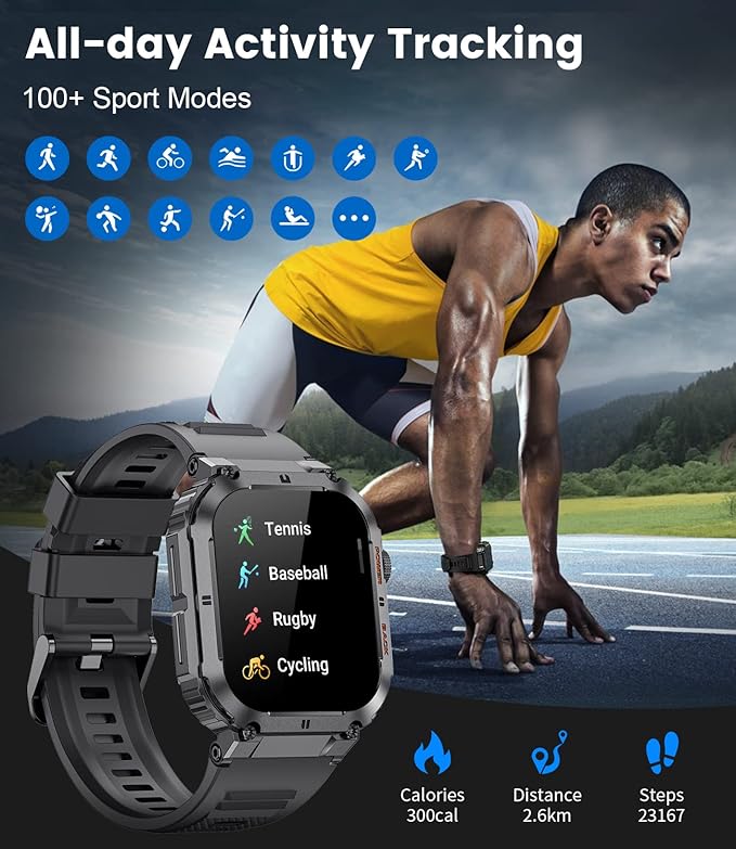 LIGE Military Smart Watches for Men with (Answer/Make Calls),400mAh Large Battery,1.96’’ DH,5ATM Waterproof Smartwatch,120+Sport Modes Heart Rate/Sleep Monitor for Android iOS Silicone